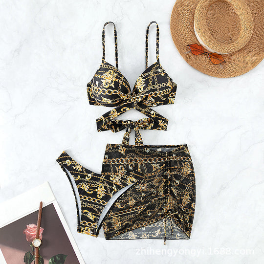 Damen Bikini mit ausgefallenem Kettenmuster und integriertem Rock EB