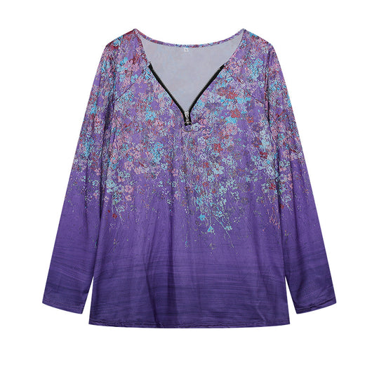Damen Langarmshirt mit farbenfrohem Blütenmuster und modernem Zipper EB