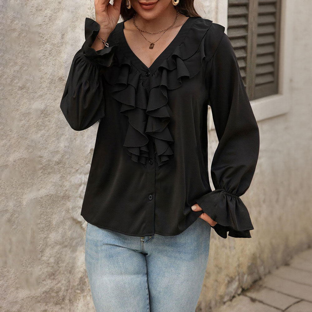 Damen feminine Rüschenbluse mit V-Ausschnitt Volantreihe und Glockenärmeln Eichborn Berlin