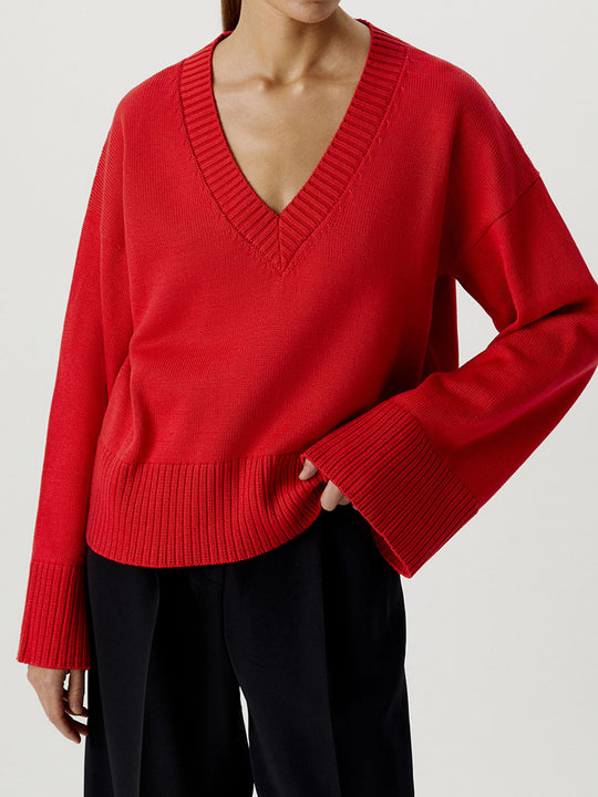 Damen Strickpullover mit tiefem V-Ausschnitt und lässigem Schnitt EB