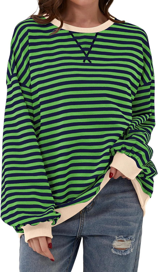 Damen lässiger Oversized Sweatshirt mit bunten Streifen und Kapuzenkordel EB