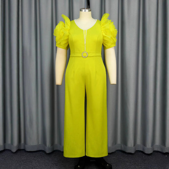 Damen eleganter Jumpsuit mit voluminösen Puffärmeln und Perlenakzent EB