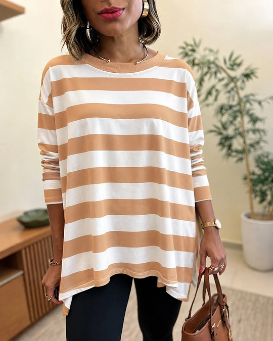 Damen Oversized Streifen-Longsleeve mit Rundhalsausschnitt und abgerundetem Saum EB