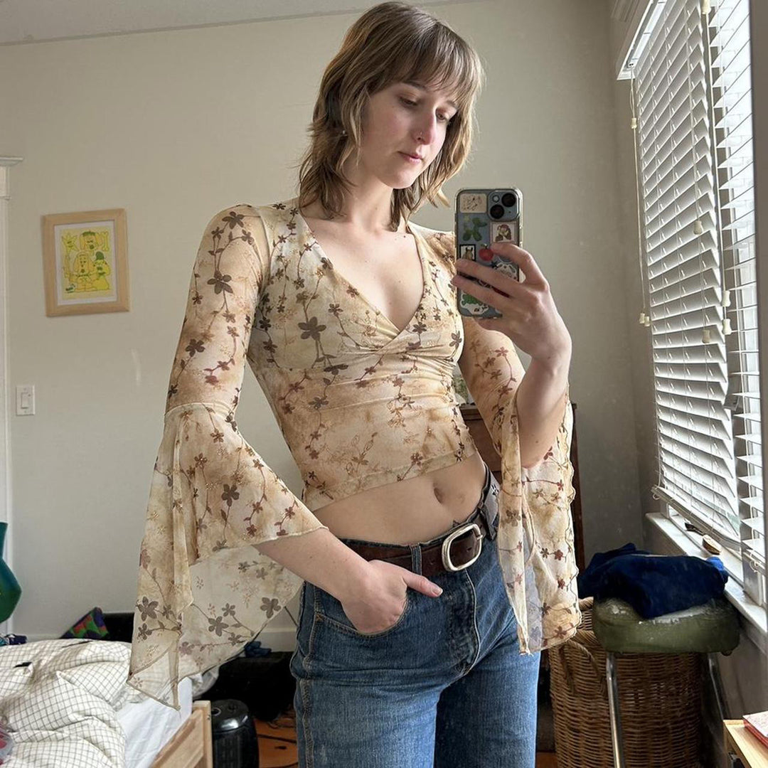 Damen Wickeloberteil mit voluminösen Ärmeln und floralem Print EB