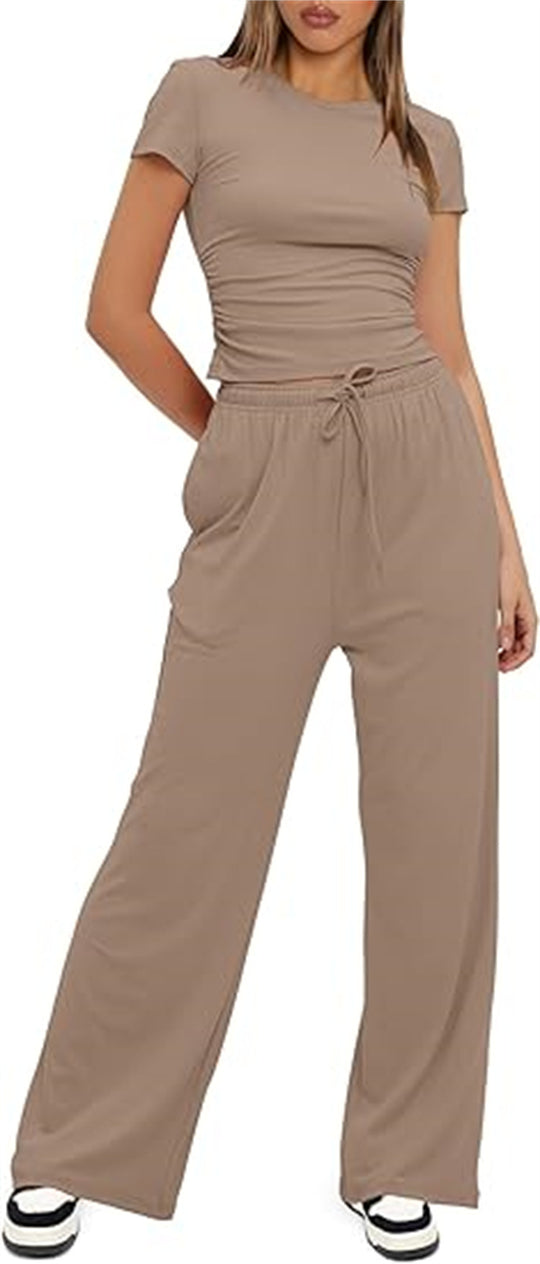 Damen lässiger Zweiteiler mit cropped Oberteil und weitem Beinkleid EB