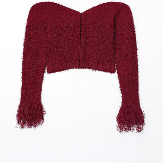 Damen modischer Strickjacke mit fransenärmel und hohem Kragen EB