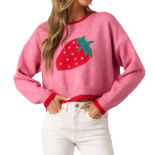 Damen trendiger Pullover mit Erdbeer-Motiv und Kontrastbündchen EB