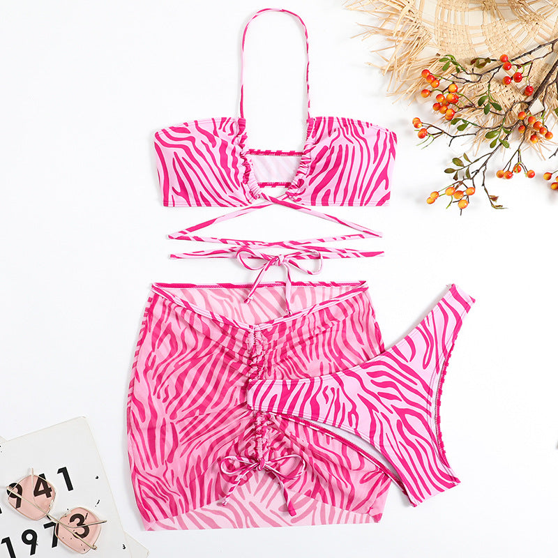 Damen Triangel-Bikini-Set mit transparentem Wickelrock und animalischem Muster EB