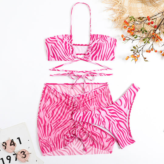 Damen Triangel-Bikini-Set mit transparentem Wickelrock und animalischem Muster EB