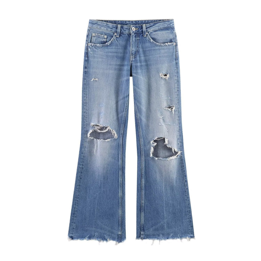 Damen Flared Jeans mit Destroyed-Effekten und Fransenabschlüssen EB