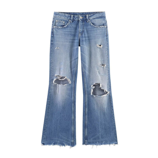 Damen Flared Jeans mit Destroyed-Effekten und Fransenabschlüssen EB