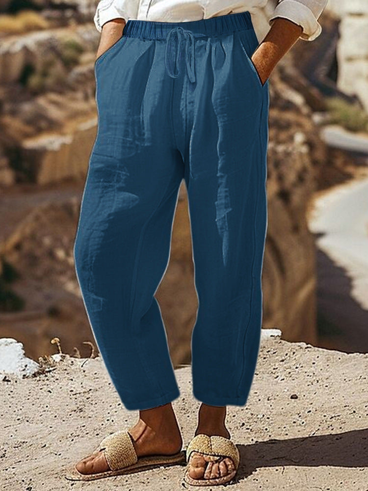 Damen Casual-Chino Leinenoptik Culotte mit elastischem Tunnelzugbund und Eingrifftaschen EB