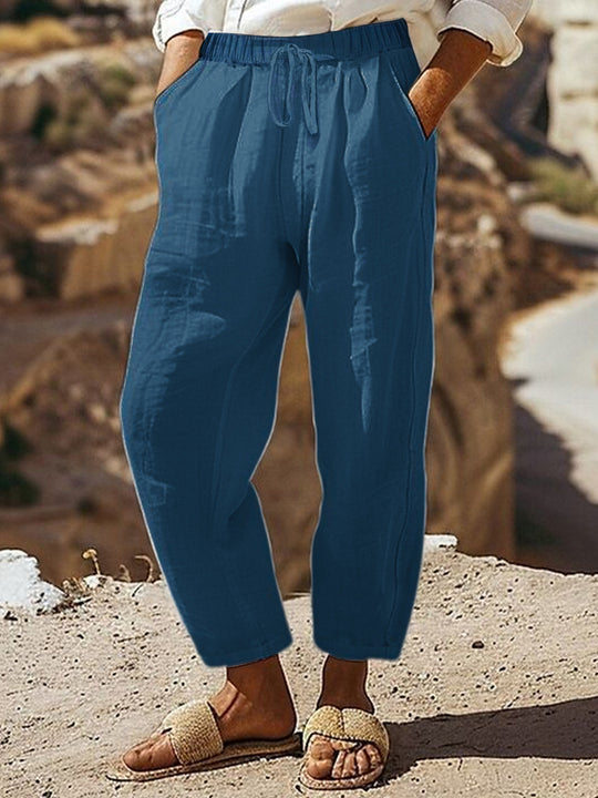 Damen Casual-Chino Leinenoptik Culotte mit elastischem Tunnelzugbund und Eingrifftaschen EB