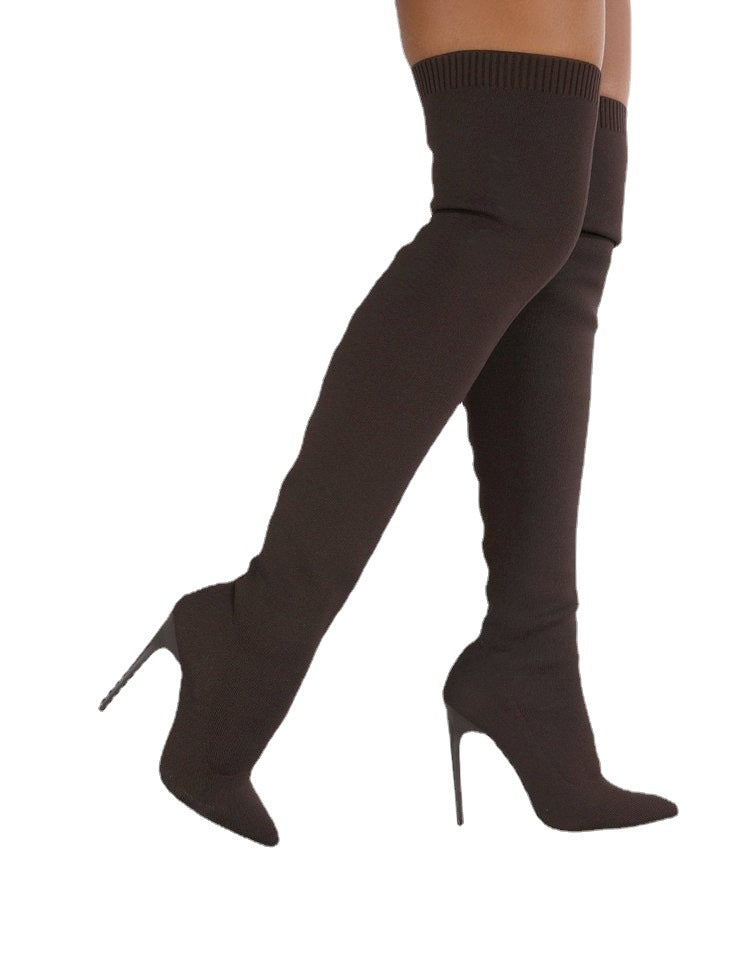 Damen Overknee Stiefel mit elegantem spitzem Absatz und modischem Strickdesign EB