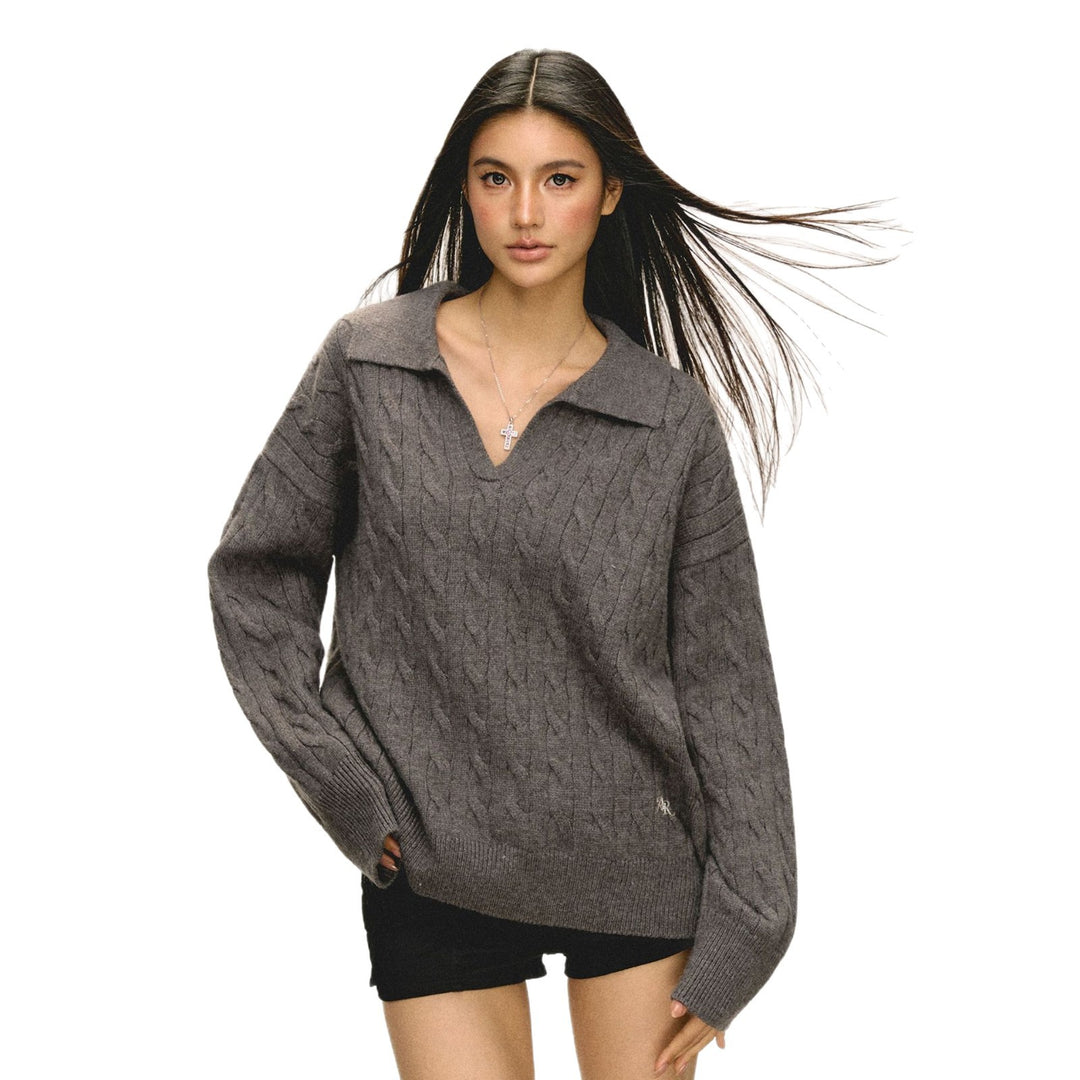 Damen Grob gestrickter Pullover mit V-Ausschnitt und Kragen EB