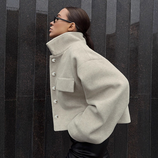 Damen Oversized Wolljacke mit Knopfleiste und praktischen Taschen EB