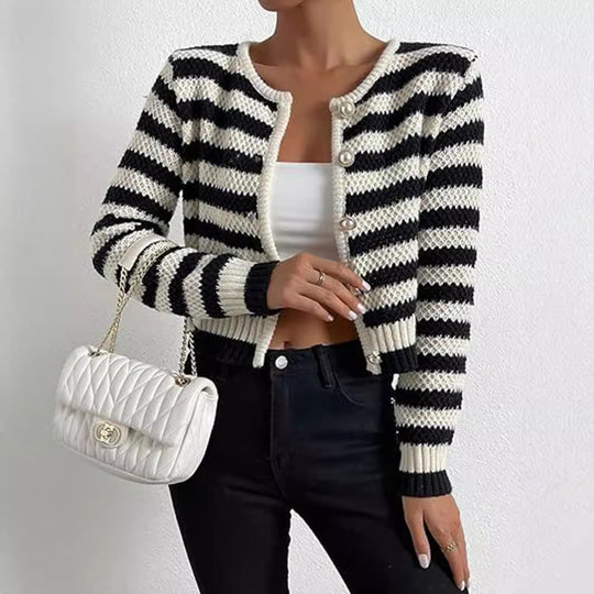 Damen gestreifte Strickjacke mit dekorativen Knöpfen EB