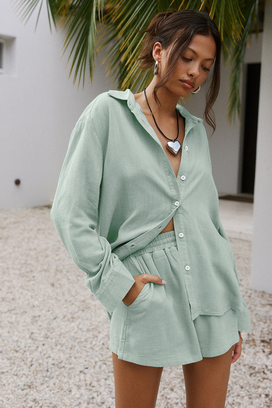 Damen Lässiges Kurzarm-Blusen- und Shorts-Set EB