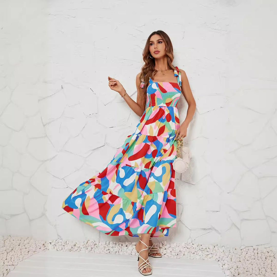 Damen Langärmliges Maxi-Kleid mit verspieltem Mehrfarbigem Design EB