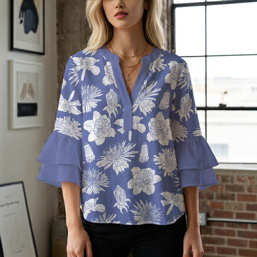 Damen elegantes Blusenshirt mit voluminösen Rüsenärmeln und grafischem Blumendesign EB