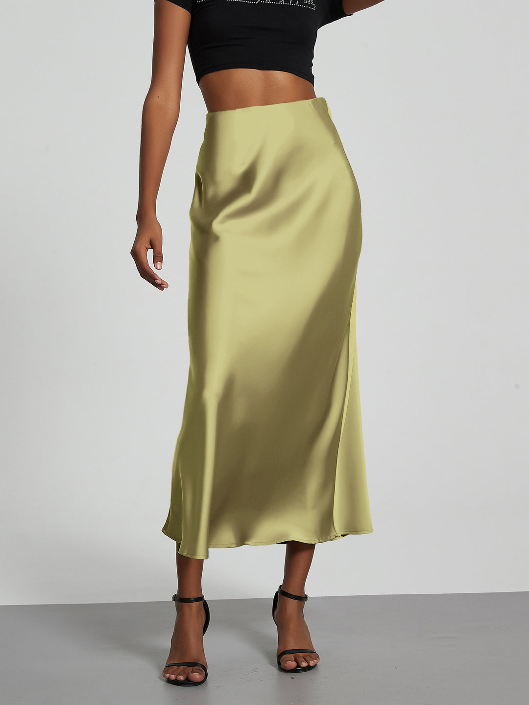 Damen Stilvolle Satin-Stretchrock mit hohem Bund und fließendem Schnitt EB