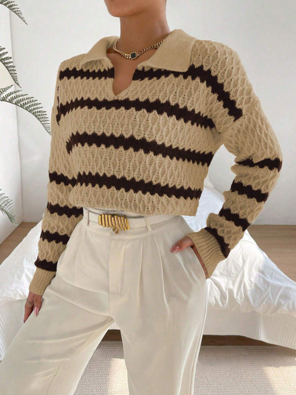 Damen Strickpullover im lässigen Stil mit strukturiertem V-Ausschnitt und hellen Akzenten EB