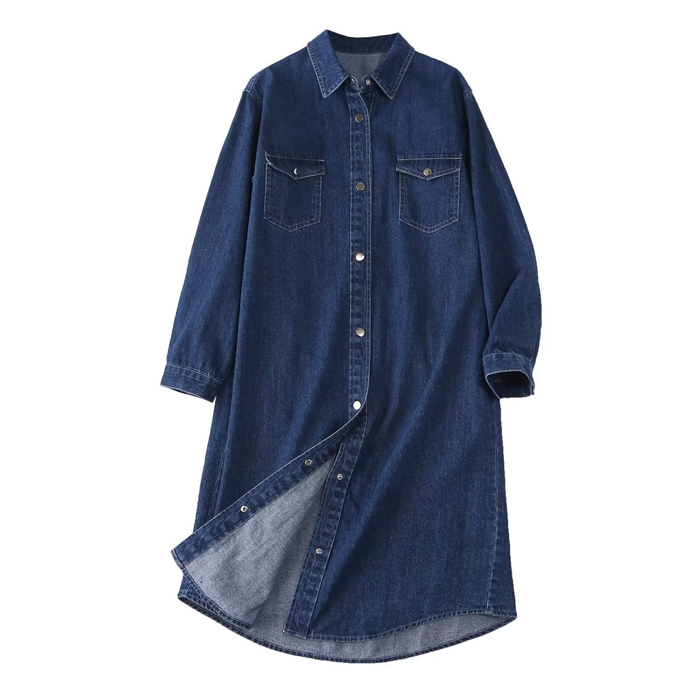 Damen Denim Hemdblusenkleid mit knöpfbarem Frontdesign und praktischen Taschen EB