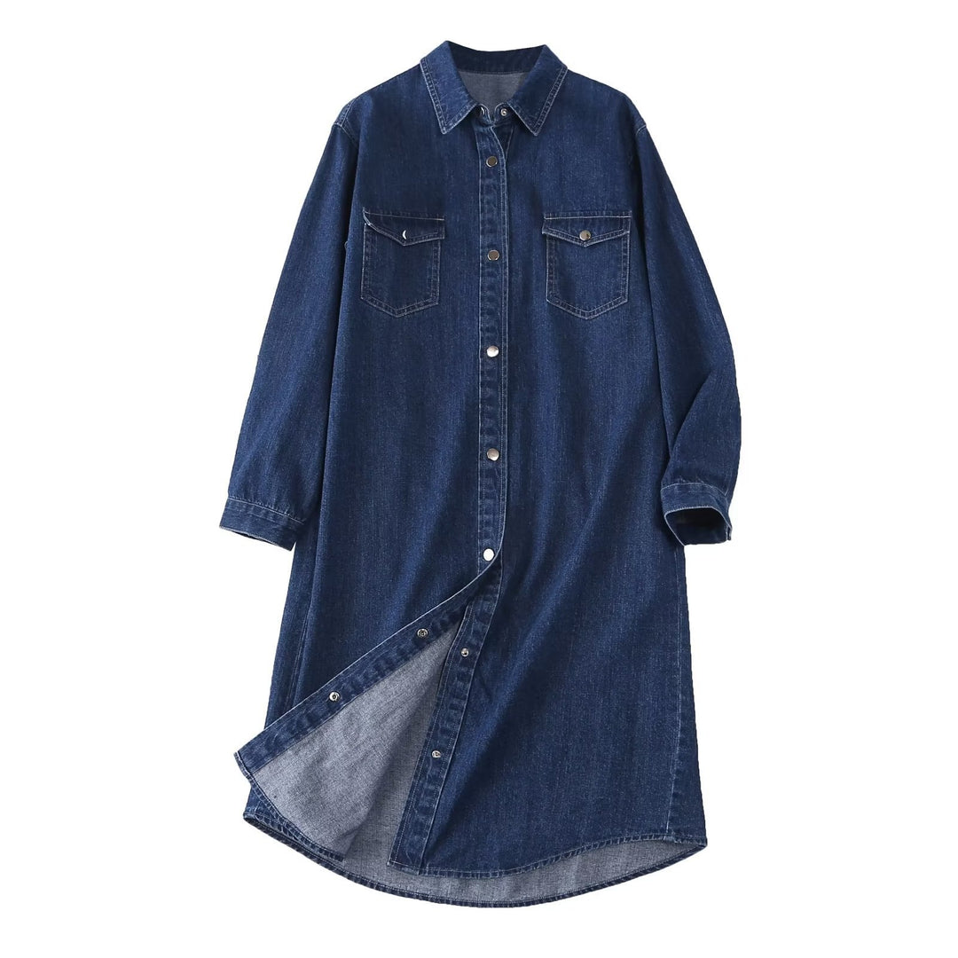 Damen Denim Hemdblusenkleid mit knöpfbarem Frontdesign und praktischen Taschen EB