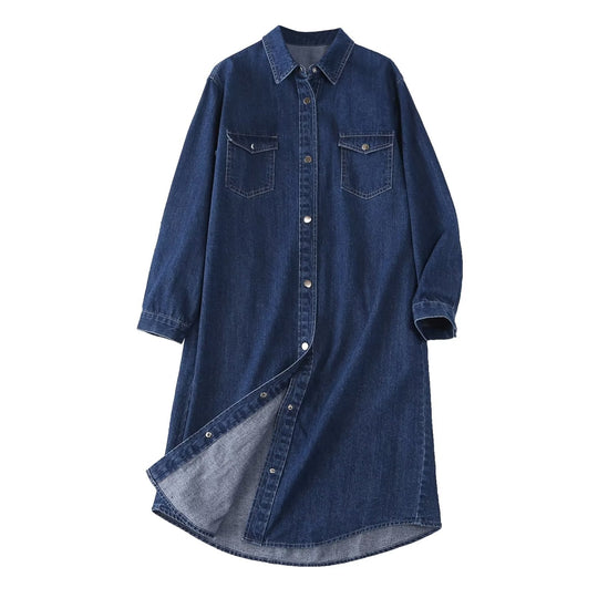 Damen Denim Hemdblusenkleid mit knöpfbarem Frontdesign und praktischen Taschen EB