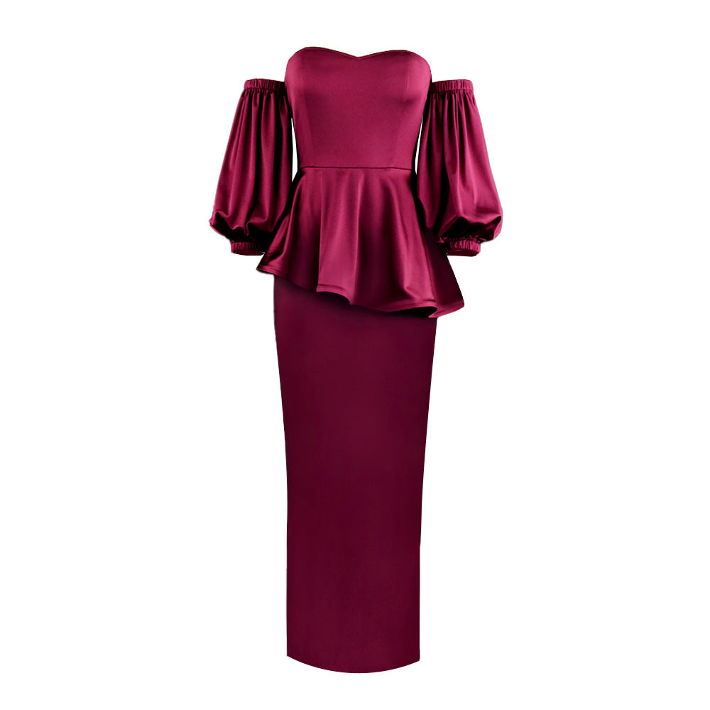 Damen Elegantes Kleid mit schulterfreiem Design und voluminösen Puffärmeln EB