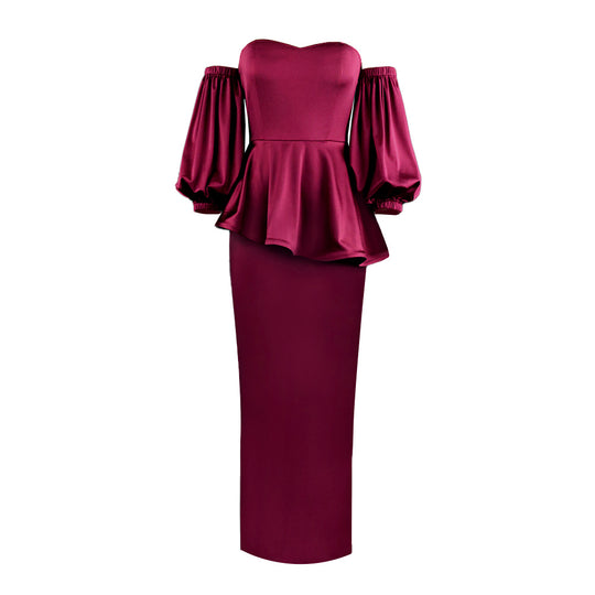 Damen Elegantes Kleid mit schulterfreiem Design und voluminösen Puffärmeln EB