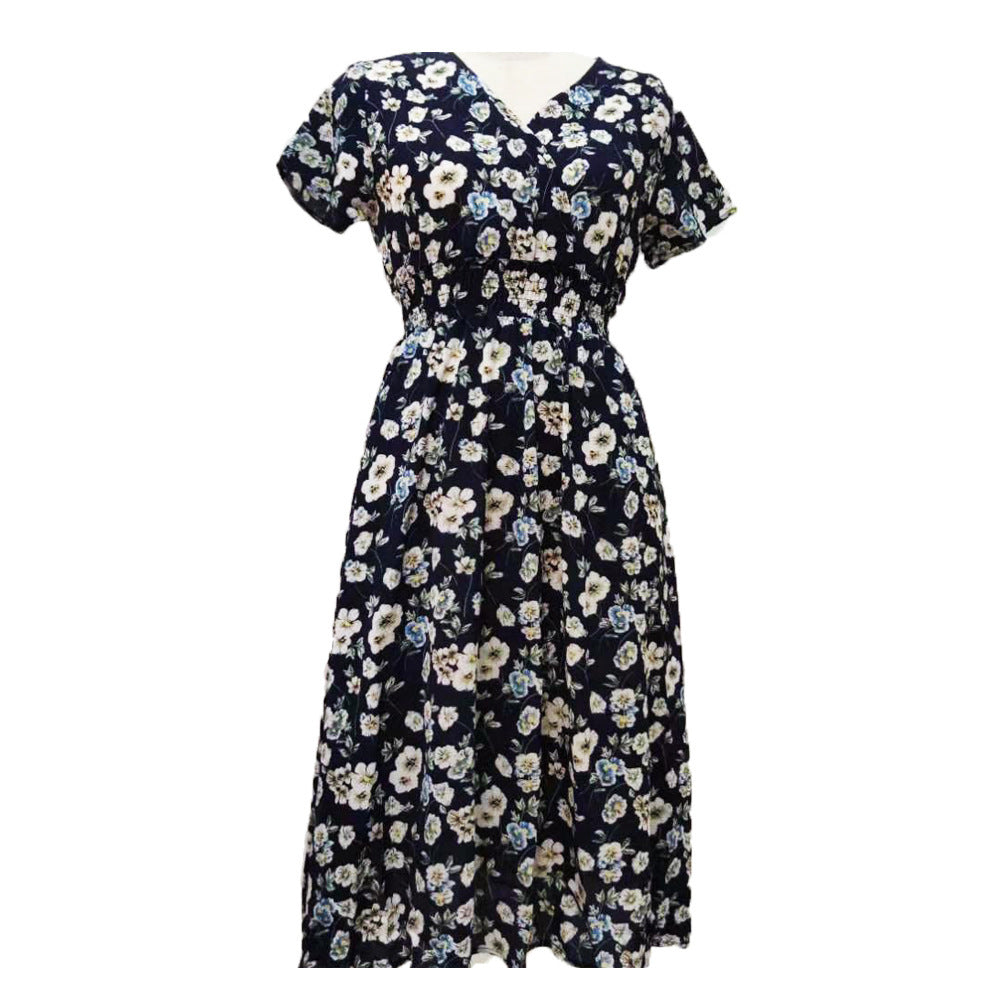 Damen Maxikleid mit floralen Mustern und elastischem Taillenbund EB
