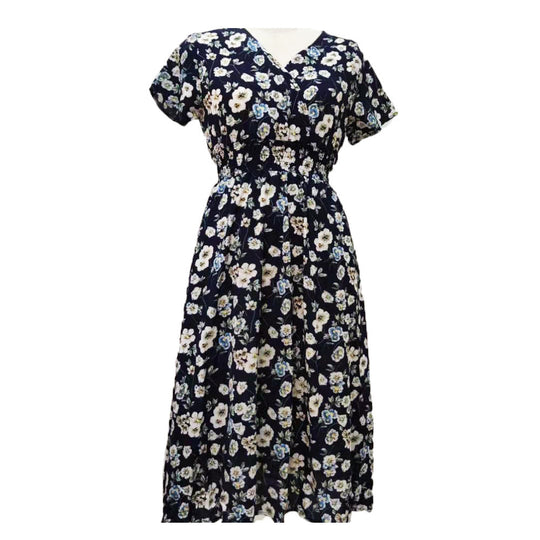 Damen Maxikleid mit floralen Mustern und elastischem Taillenbund EB