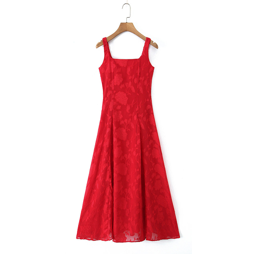 Damen Maxikleid mit floralem Reliefmuster und eleganten Trägern EB