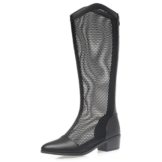 Damen Modische Stiefel mit transparentem Netzdesign und komfortablem Blockabsatz EB