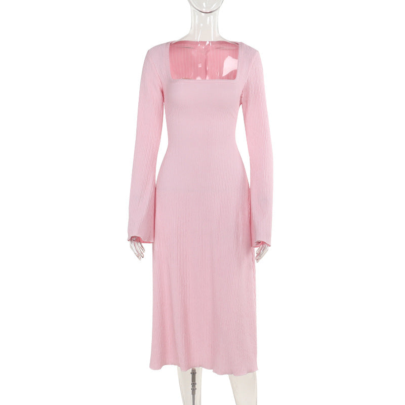 Damen elegantes Maxikleid mit tiefem V-Ausschnitt und schwingendem Rock EB