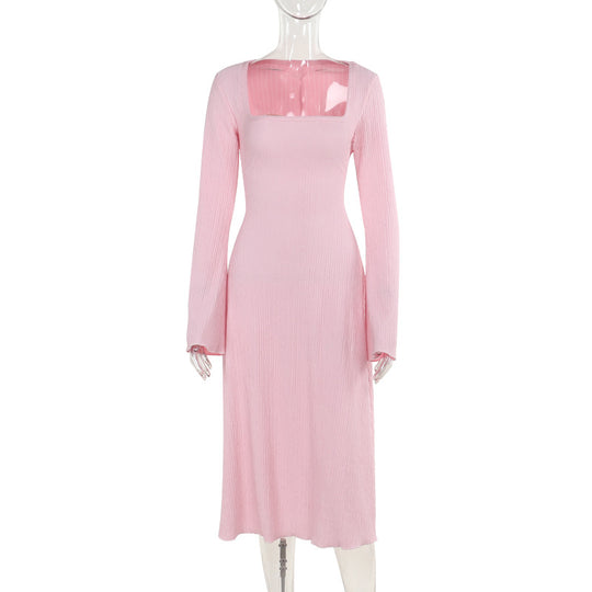 Damen elegantes Maxikleid mit tiefem V-Ausschnitt und schwingendem Rock EB