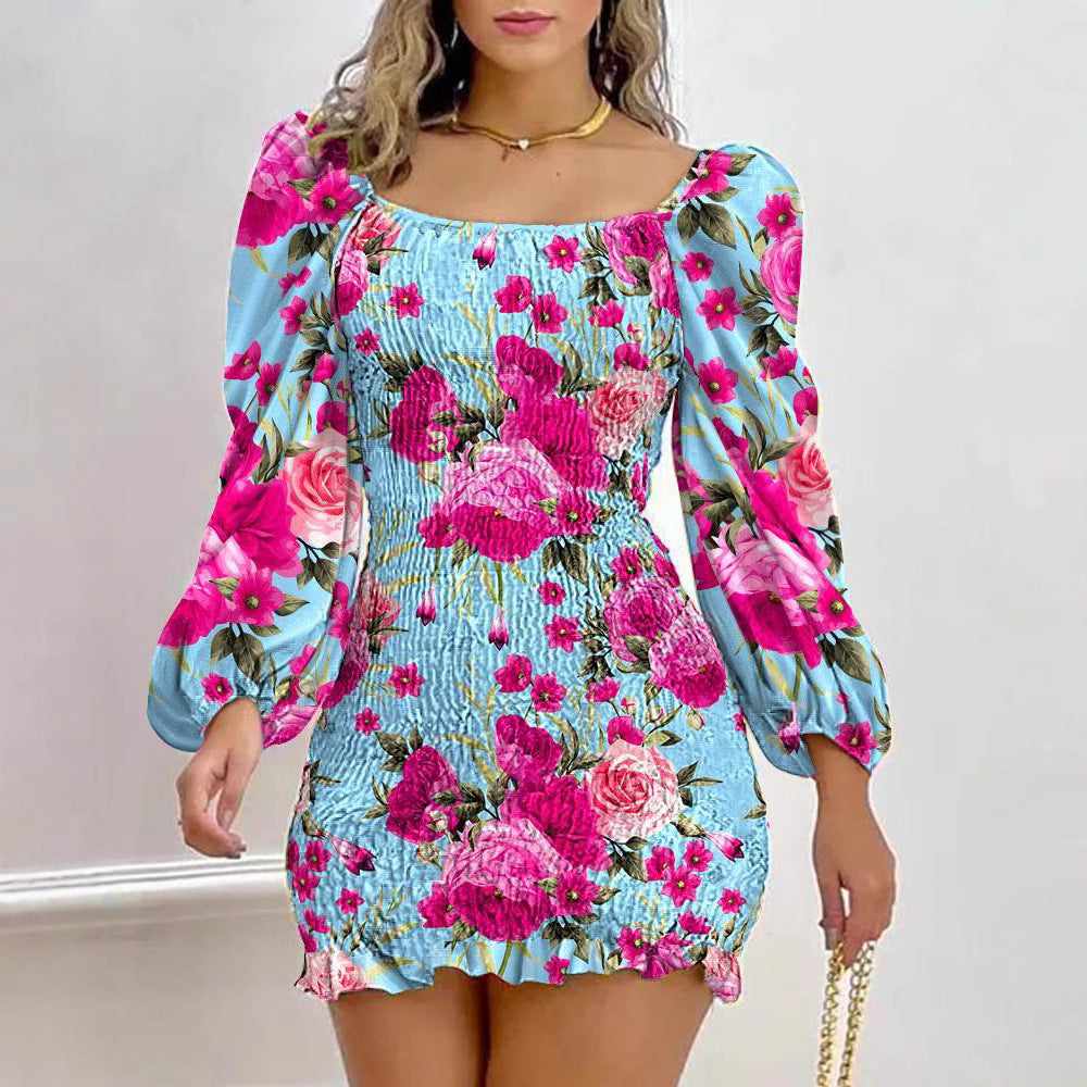 Damen Minikleid mit Puffärmeln und floralem Faltenmuster EB