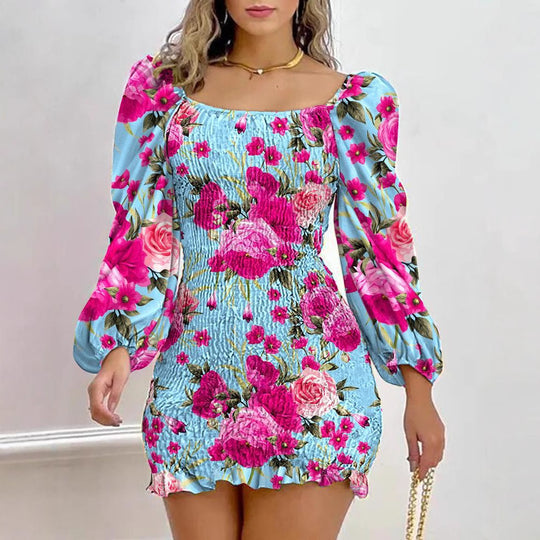 Damen Minikleid mit Puffärmeln und floralem Faltenmuster EB