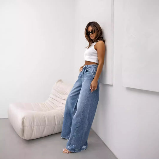 Damen Weit geschnittene Jeanshose mit hohem Bund und lässigem Stil EB
