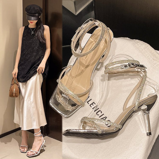 Damen transparente High Heels Sandalen mit funkelnden Strass-Akzenten EB