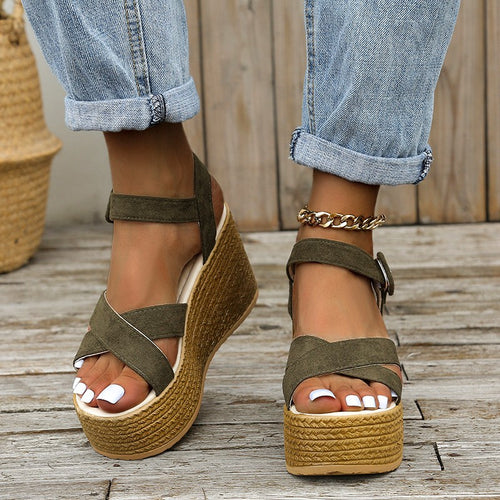 Damen Keil-Sandalen mit modischem Überkreuzriemen und rutschfester Sohle EB