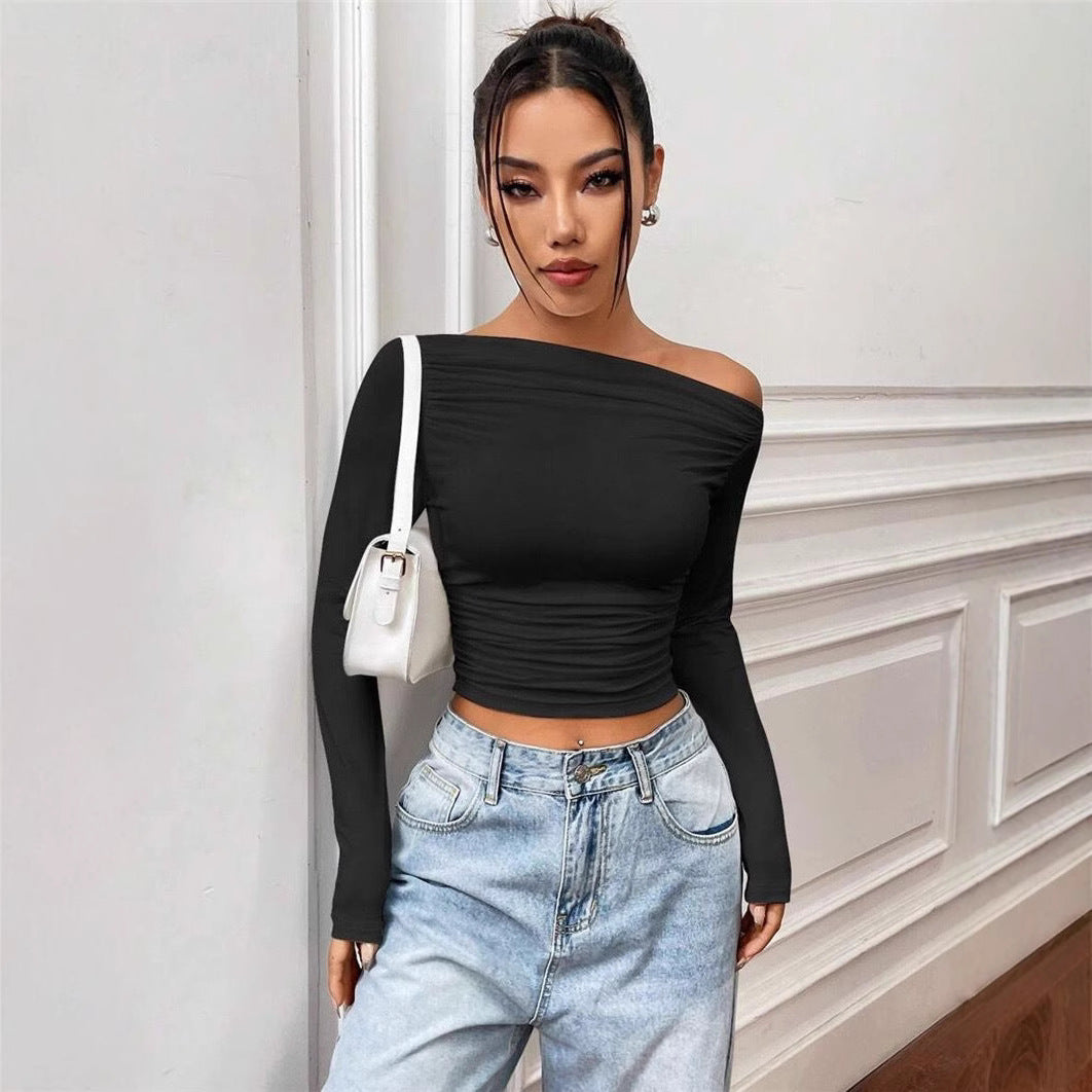 Damen Elegantes Off-Shoulder Langarmtop mit figurbetontem Schnitt EB