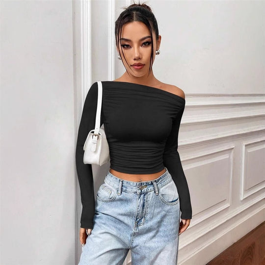 Damen Elegantes Off-Shoulder Langarmtop mit figurbetontem Schnitt EB