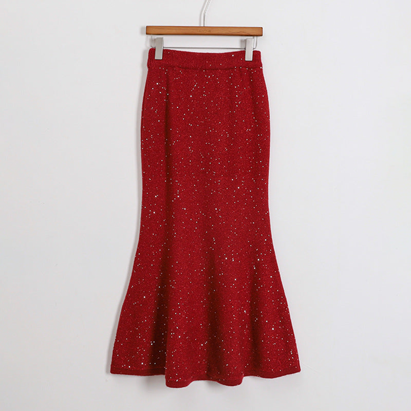 Damen  figurbetonter gestrickter Midirock mit Glitzerfaser und Trompetensaum EB