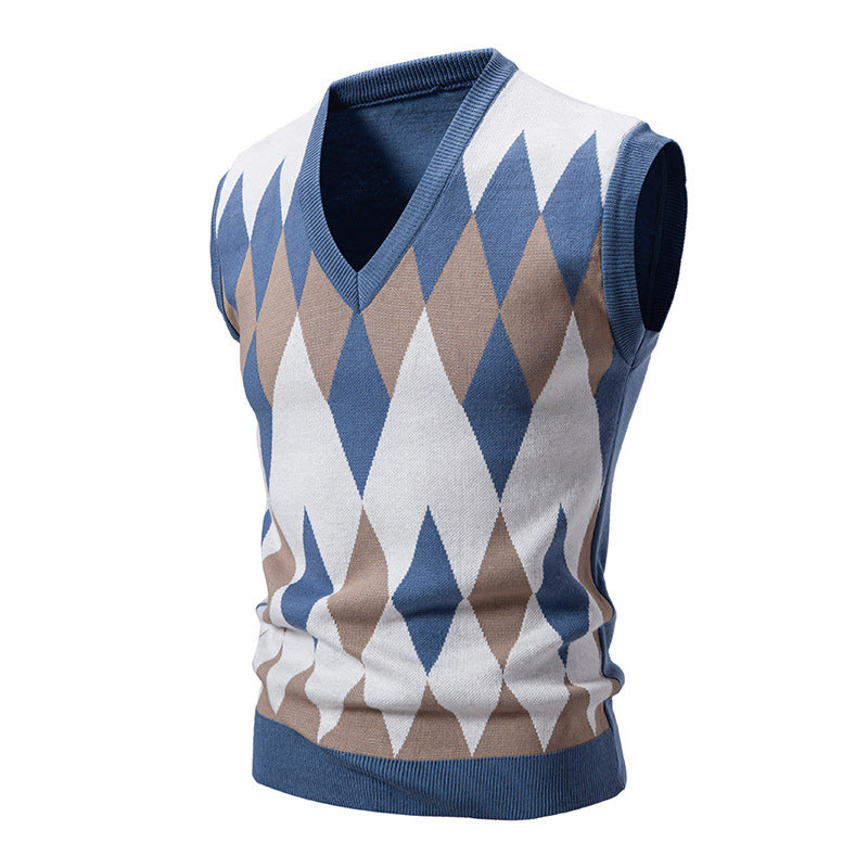 Herren nan ärmelloser Argyle-Strickpullunder mit V-Ausschnitt und taillierter Passform EB