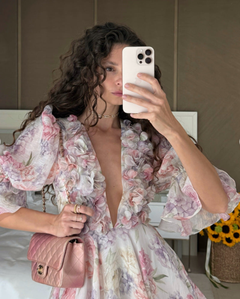 Damen Fließendes Maxikleid mit romantischen Rüschendetails und floralem Muster EB
