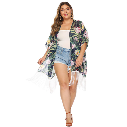 Damen luftiger Strandkimono mit fransigen Akzenten EB