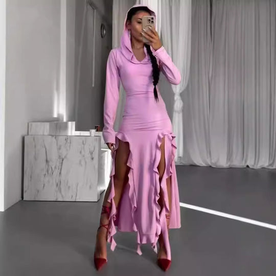 Damen Langarm Maxikleid mit Kapuze und Rüschendetails EB