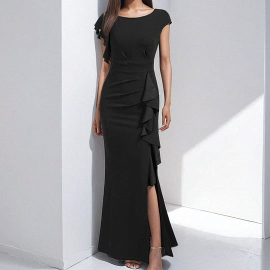 Damen elegantes Maxikleid mit Rüschendetails und seitlichem Schlitz EB
